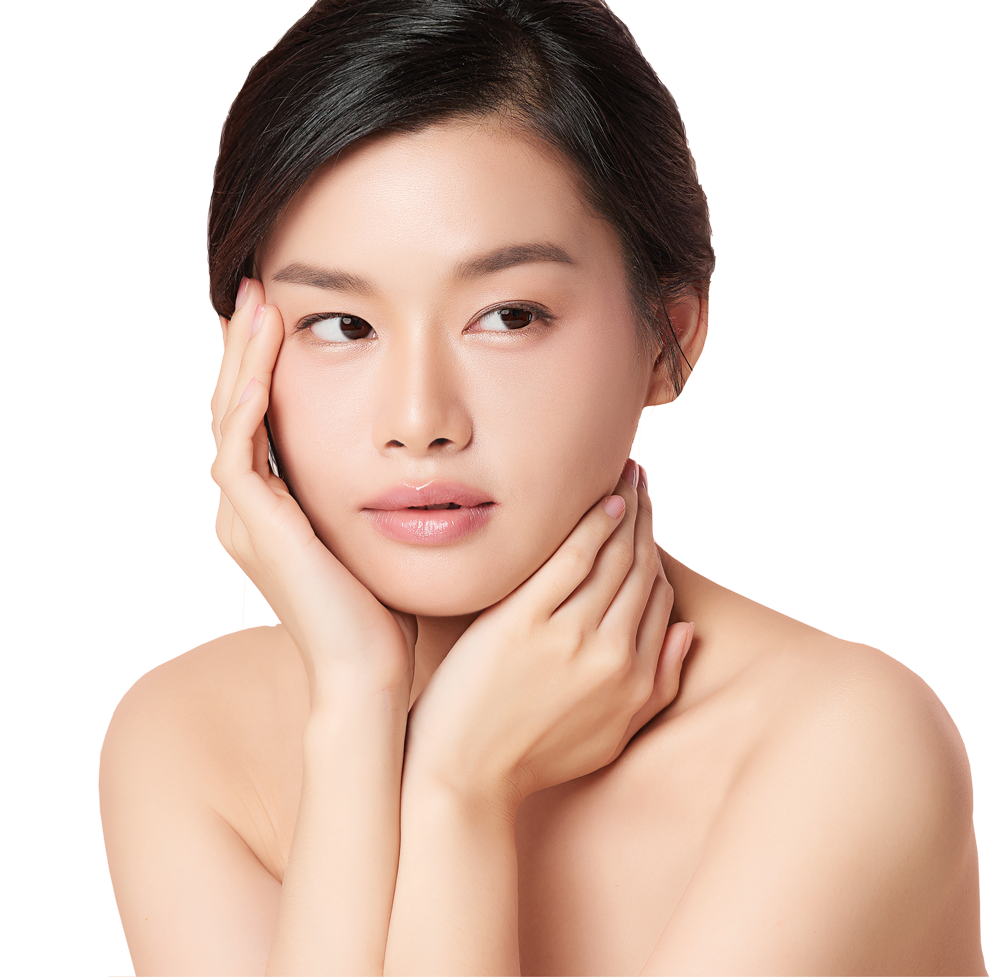 Asian woman with hands on her chin